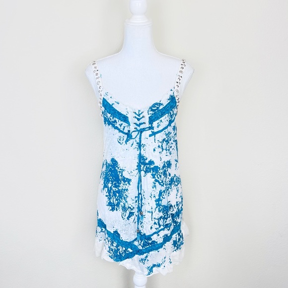 Mürmür White & Blue Burnout Stud Embellished Lace Up Long Tank Top Tunic / Dress - Picture 1 of 11